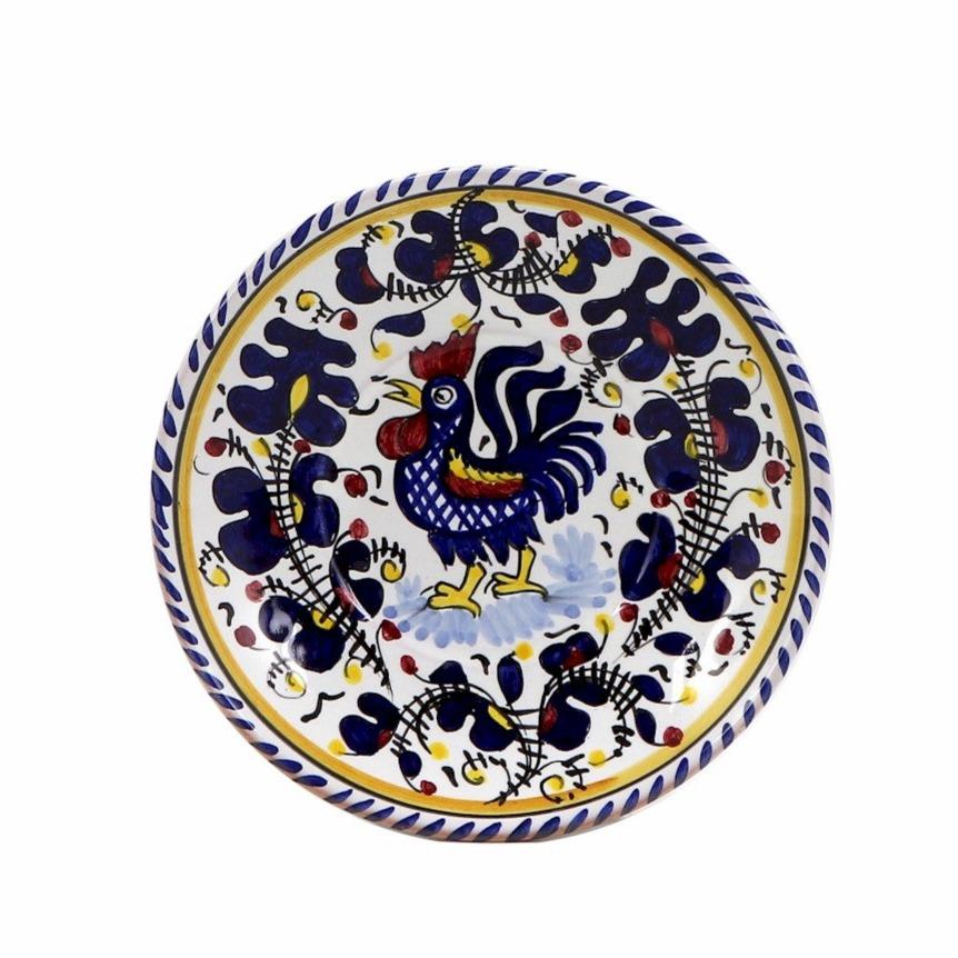 ORVIETO BLUE ROOSTER: Canape Plate - 7&quot; Diam. Saucer [STRIPED RIM] - artisticaitalian.com