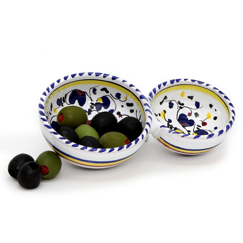 ORVIETO BLUE ROOSTER: Olive Dish Bowl - Relish, Condiments, Olive and Nuts divided bowl [R] - artisticaitalian.com