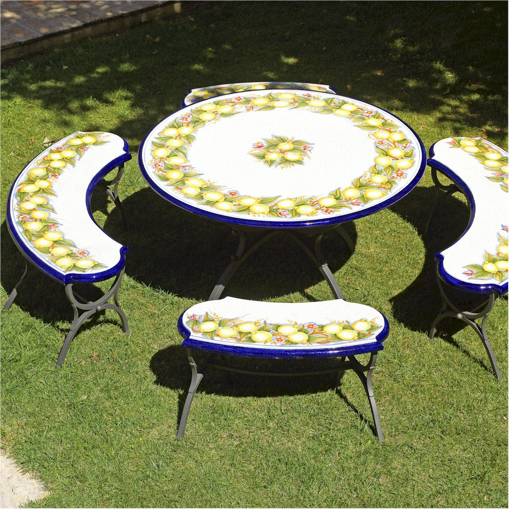 WROUGHT IRON BENCH WITH CERAMIC TOP: Large Curved model design (Seats Two) in Deruta, Italy. - artisticaitalian.com