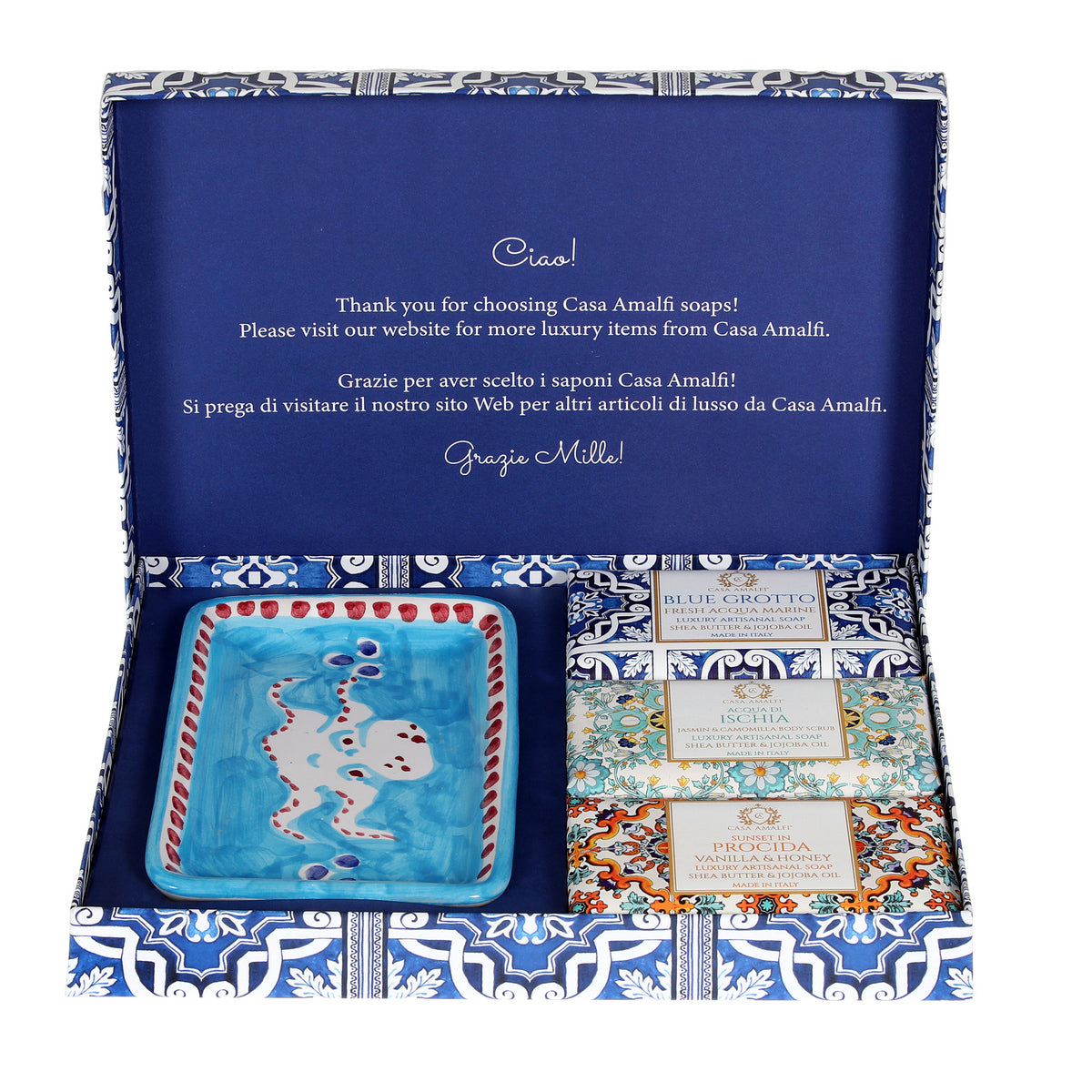 CASA AMALFI SOAPS: Scented Soap Bars with ceramic soap dish - Blue Majolica Set - artisticaitalian.com