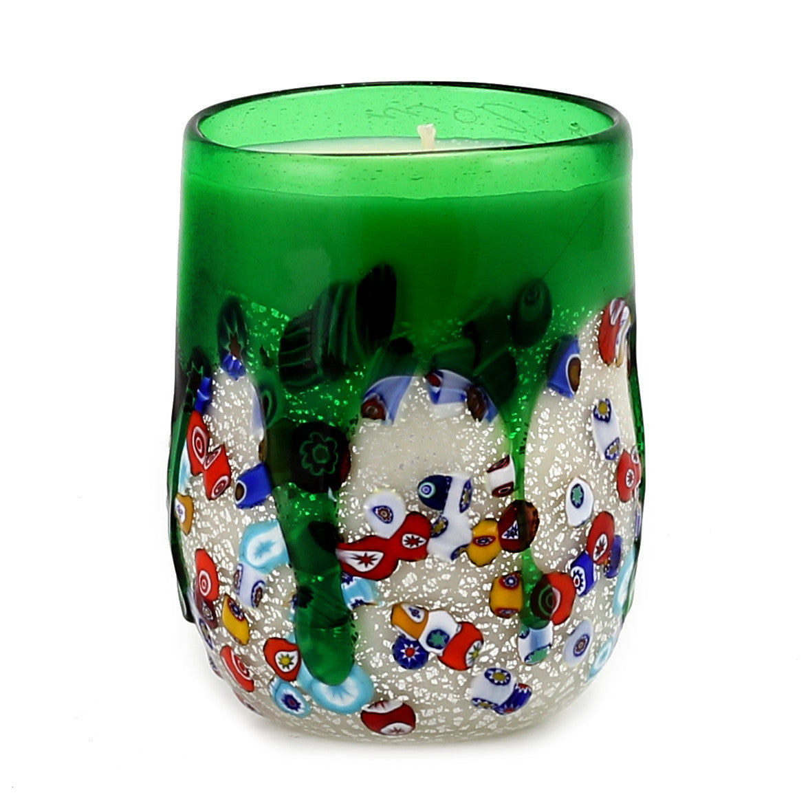 MURANO CANDLE: Authentic Murano Glass Tumbler in GREEN Murrina Style (15 Oz.) - artisticaitalian.com