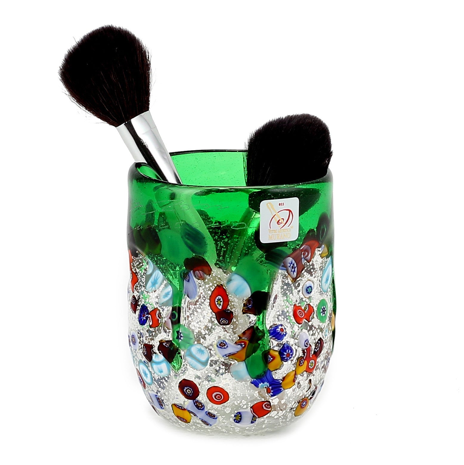 MURANO CANDLE: Authentic Murano Glass Tumbler in GREEN Murrina Style (15 Oz.) - artisticaitalian.com