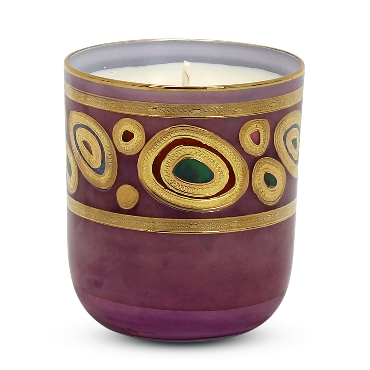 CRYSTAL CANDLES: Regalia Design candle with 14 Carats Gold finish Purple Glass  ~ (10 Oz) - artisticaitalian.com