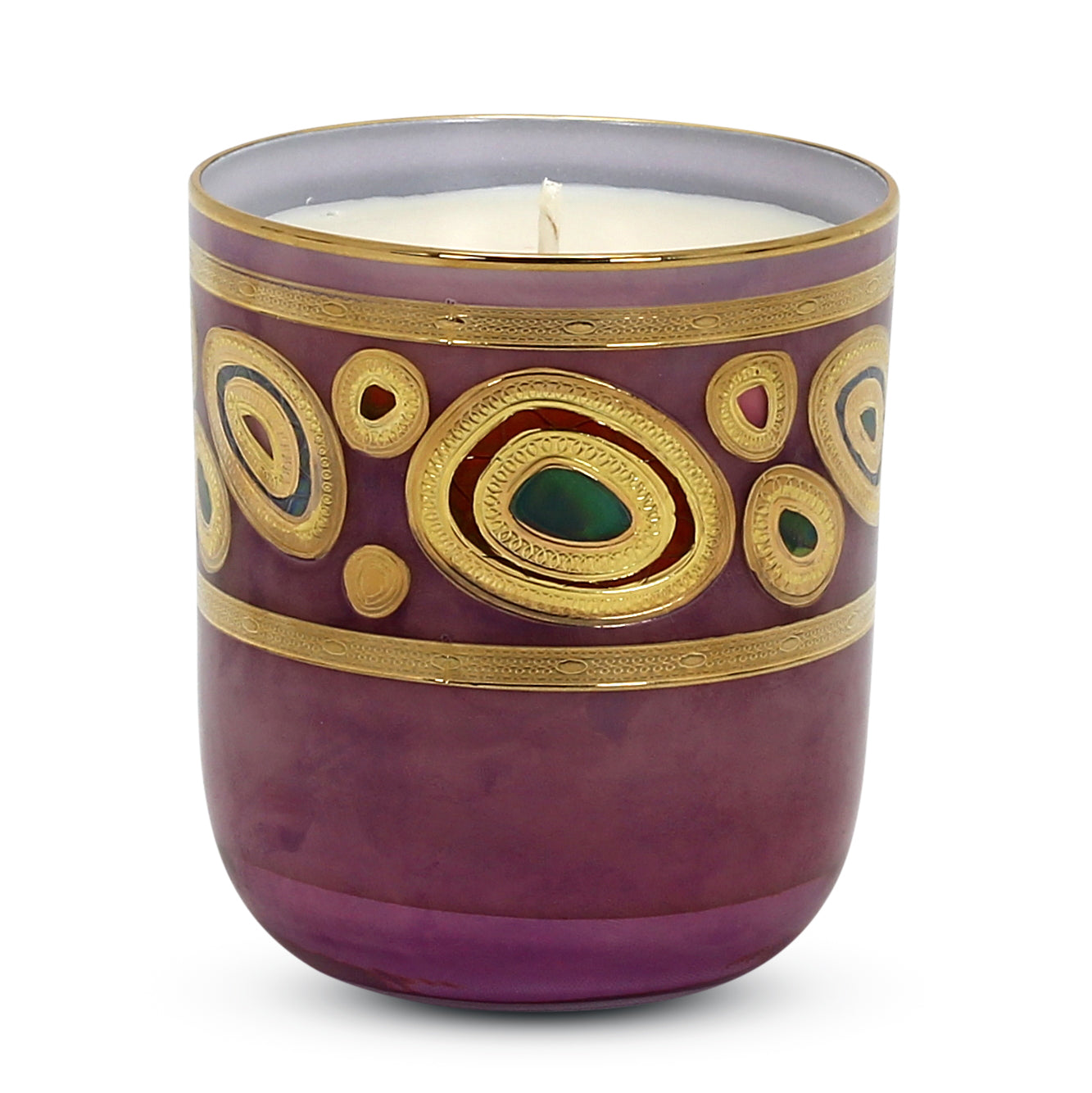 CRYSTAL CANDLES: Regalia Design candle with 14 Carats Gold finish Purple Glass  ~ (10 Oz) - artisticaitalian.com