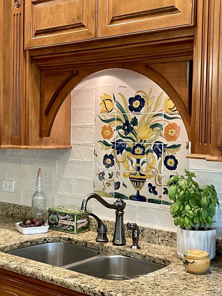 ANTICA DERUTA: WALL PANEL BACKSPLASH VASE OF FLOWER - artisticaitalian.com