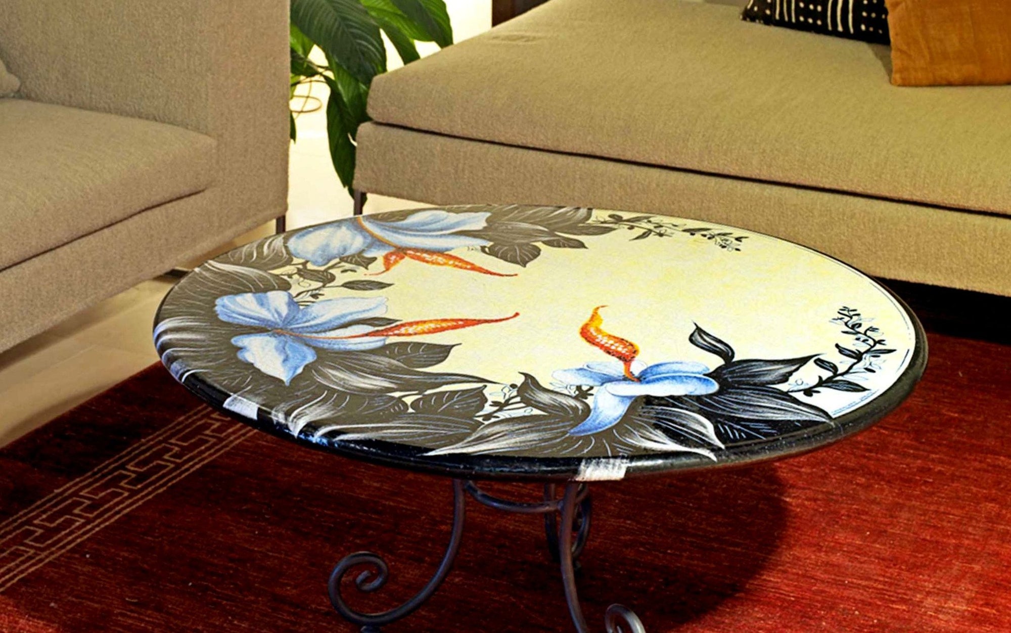 CERAMIC STONE TABLE + IRON BASE: CRACOVIA Design - Hand Painted in Deruta, Italy. - artisticaitalian.com