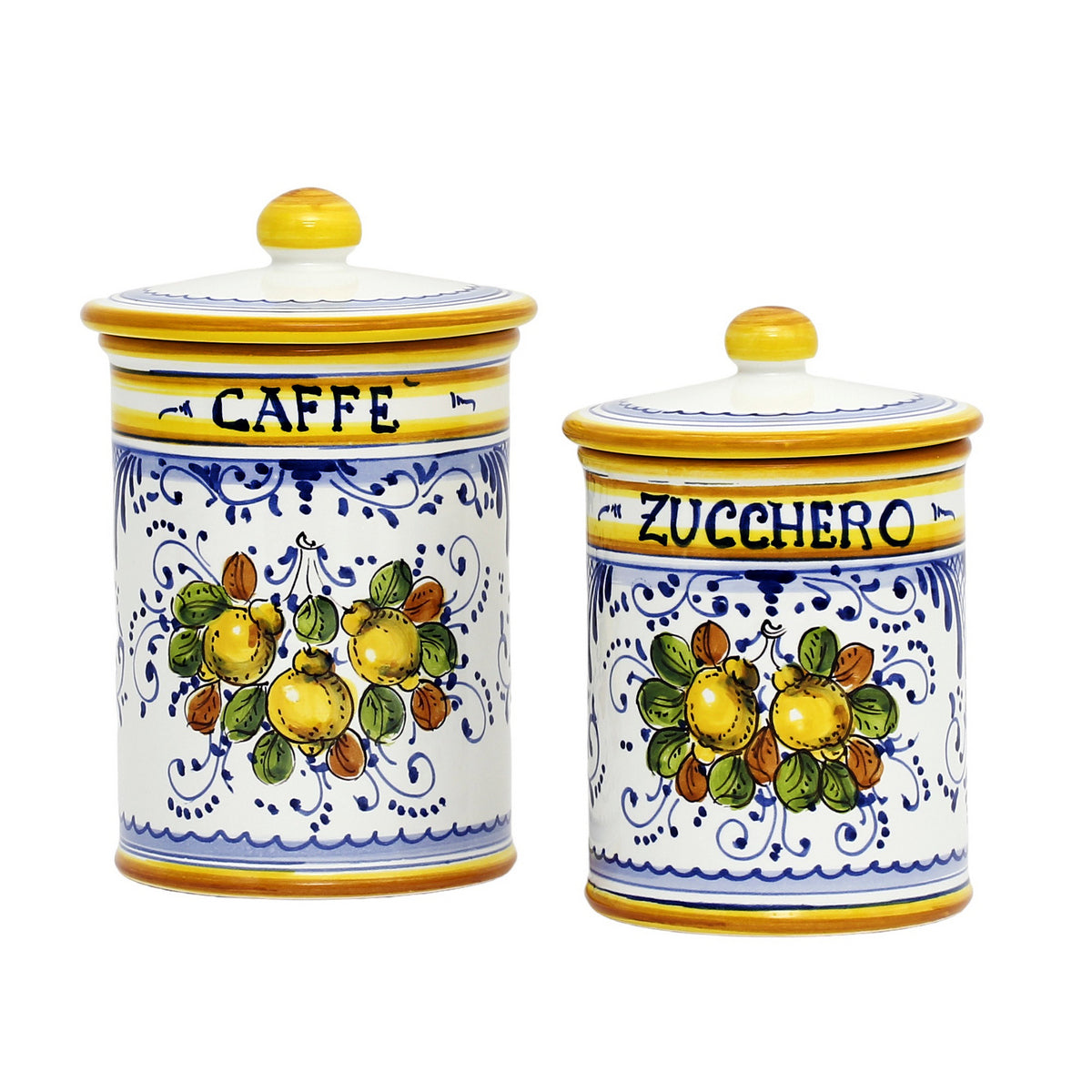 LIMONCINI: Tuscan Canister Set &#39;ZUCCHERO&#39; &amp; &#39;CAFFE&#39; - Lemon design (Set of two as shown) - artisticaitalian.com