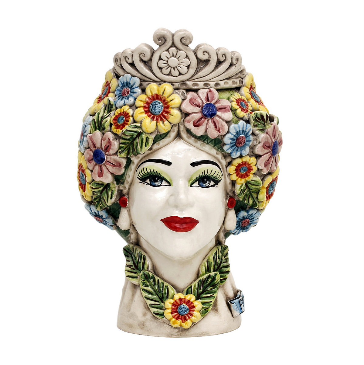 CALTAGIRONE: Sicilian Moorish Head Vase - Woman with Spring flowers (Medium 12&quot; H.) - artisticaitalian.com