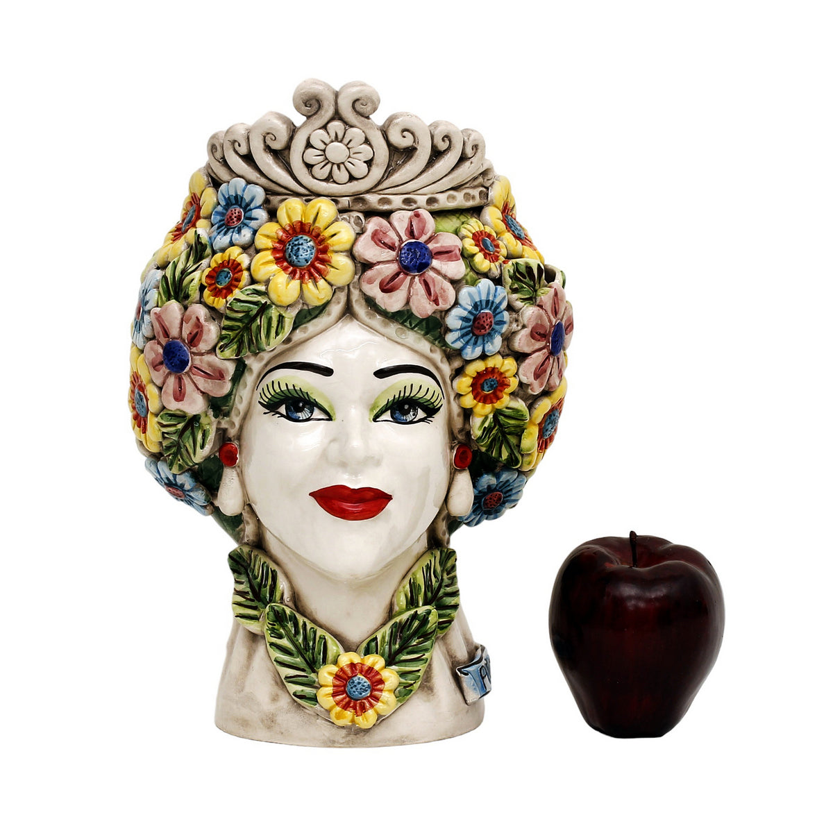 CALTAGIRONE: Sicilian Moorish Head Vase - Woman with Spring flowers (Medium 12" H.) - artisticaitalian.com