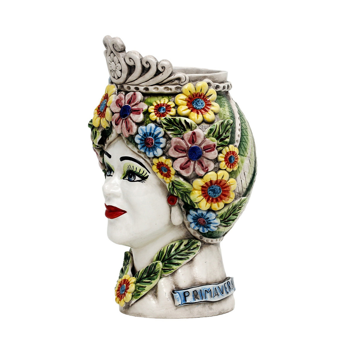 CALTAGIRONE: Sicilian Moorish Head Vase - Woman with Spring flowers (Medium 12" H.) - artisticaitalian.com