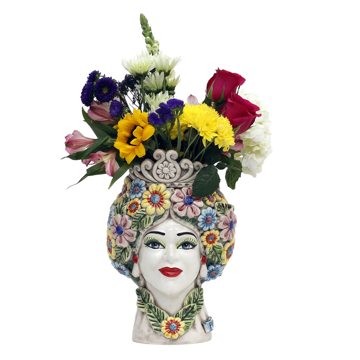 CALTAGIRONE: Sicilian Moorish Head Vase - Woman with Spring flowers (Medium 12" H.) - artisticaitalian.com