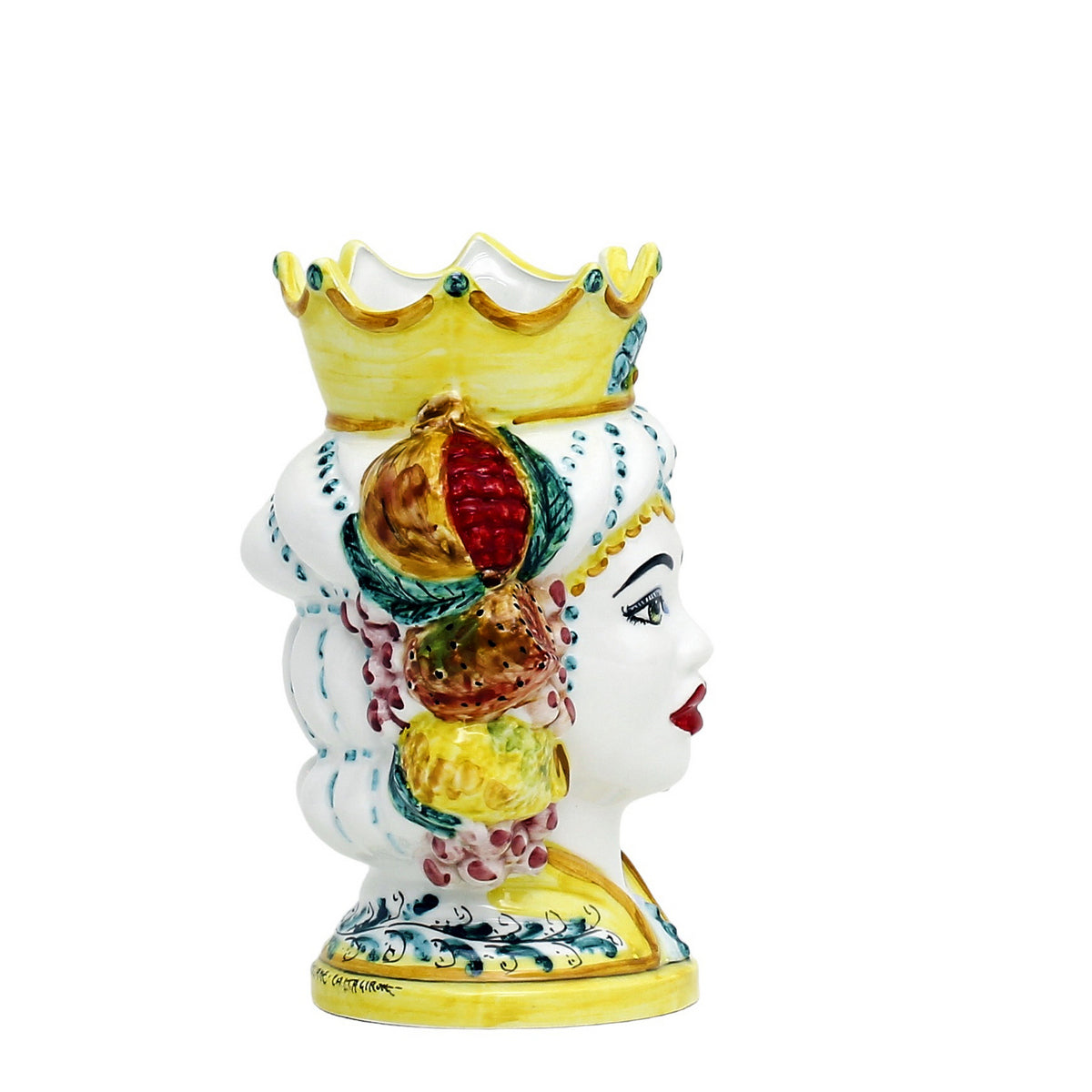 CALTAGIRONE: Sicilian Moorish Head Vase - Woman with Crown & fruit (Small 7.5" H.) - artisticaitalian.com