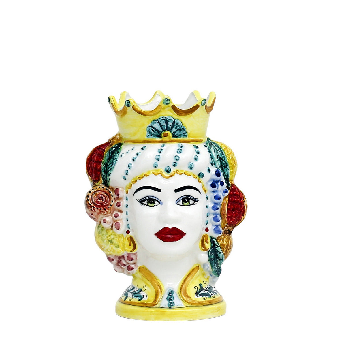 CALTAGIRONE: Sicilian Moorish Head Vase - Woman with Crown &amp; fruit (Small 7.5&quot; H.) - artisticaitalian.com