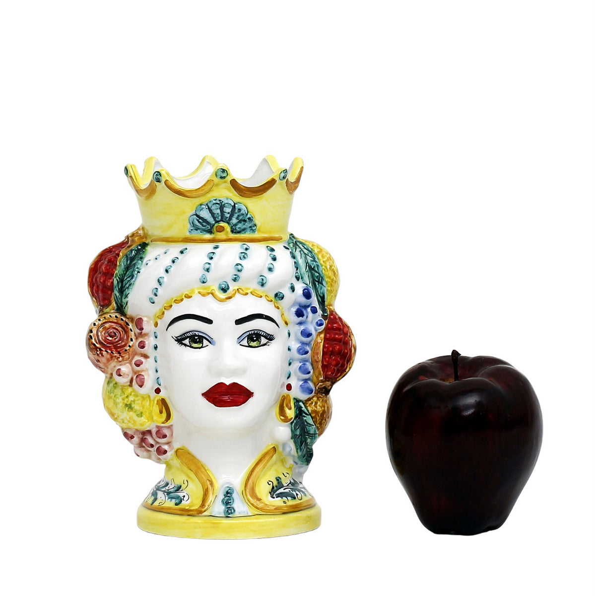 CALTAGIRONE: Sicilian Moorish Head Vase - Woman with Crown & fruit (Small 7.5" H.) - artisticaitalian.com