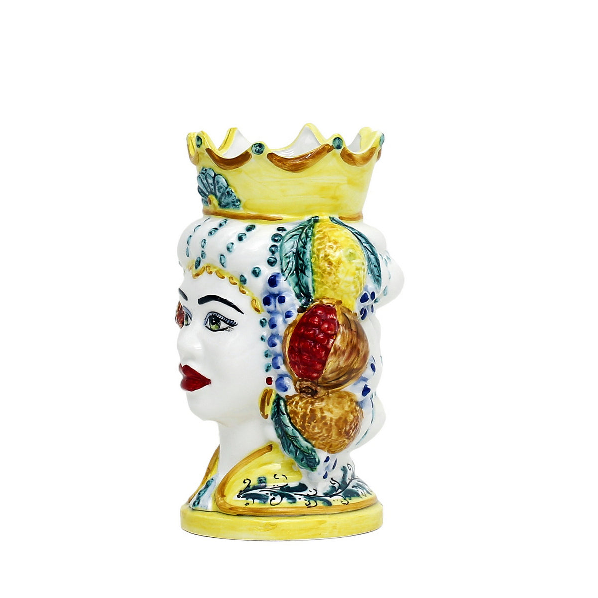 CALTAGIRONE: Sicilian Moorish Head Vase - Woman with Crown & fruit (Small 7.5" H.) - artisticaitalian.com