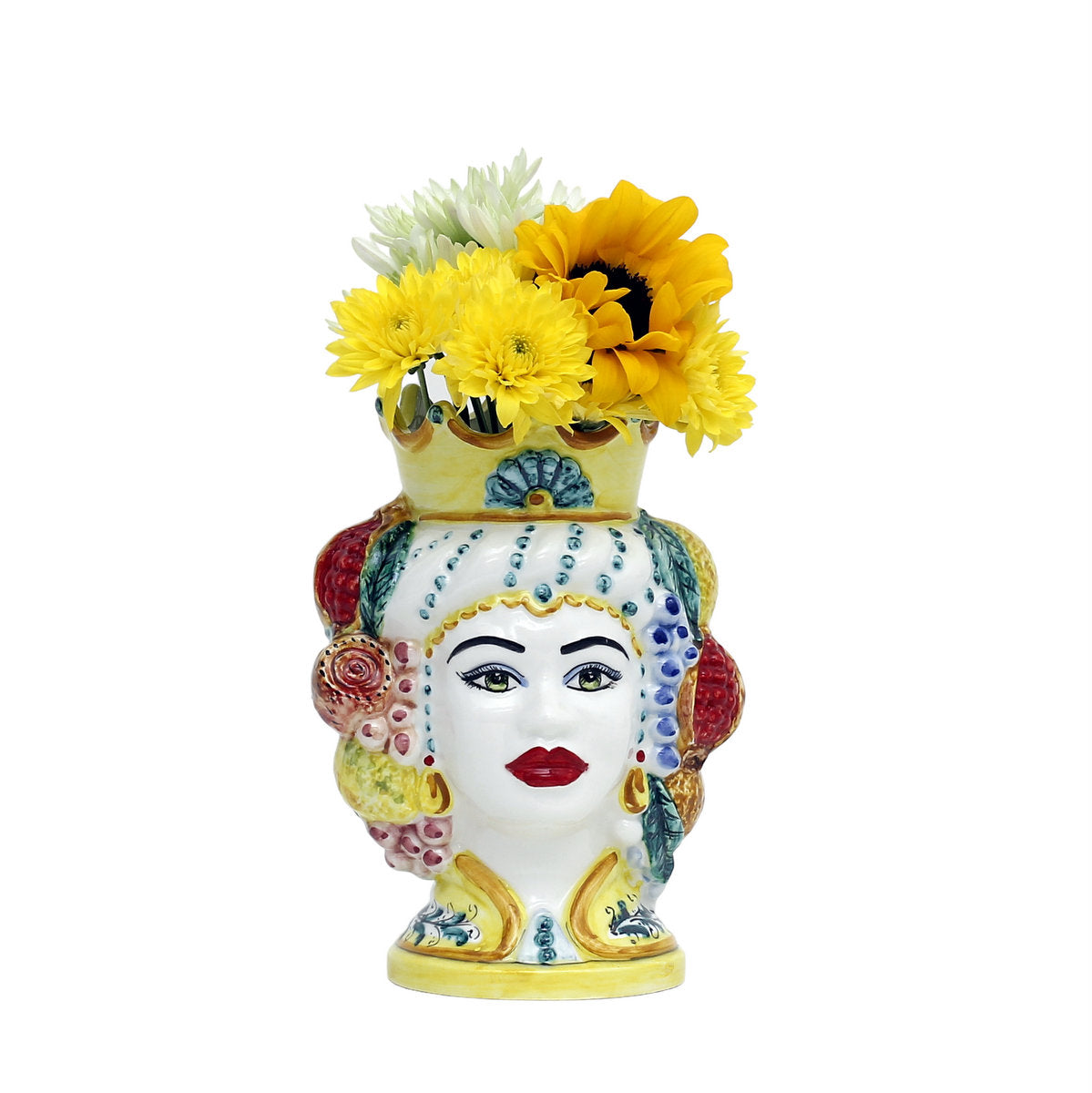 CALTAGIRONE: Sicilian Moorish Head Vase - Woman with Crown & fruit (Small 7.5" H.) - artisticaitalian.com