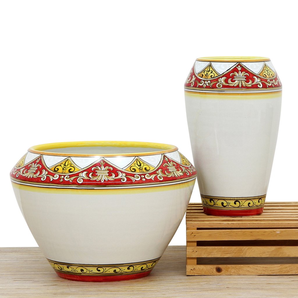 DERUTA BELLA: Cachepot/Centerpiece - Red, Gold, White Design - (Premium Masterpiece by Francesca Niccacci) - artisticaitalian.com