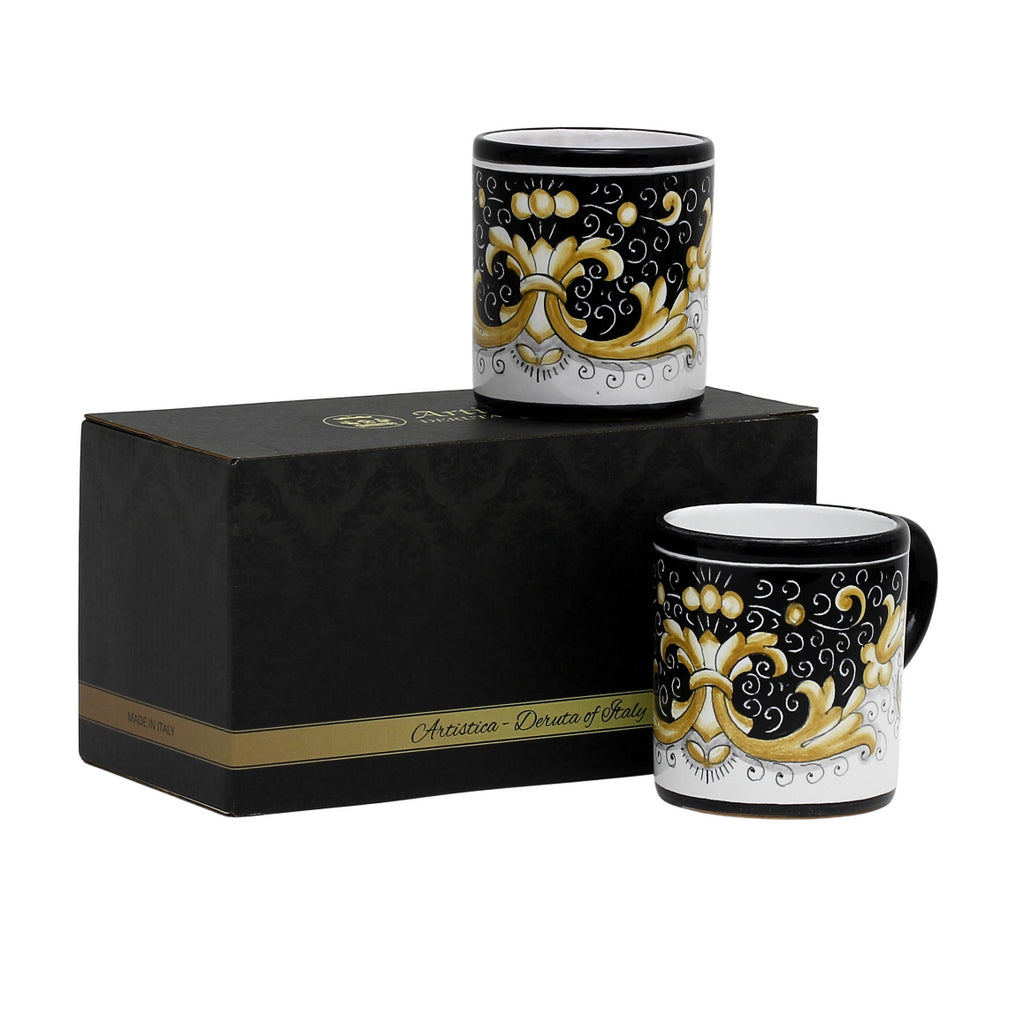 GIFT BOX: With two Deruta Mugs - DERUTA COLORI Black Gold Design - artisticaitalian.com