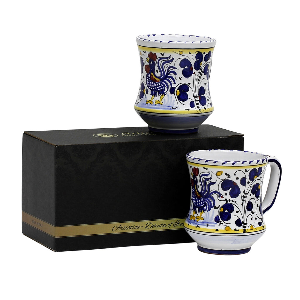 GIFT BOX: With two Deruta Mugs - ORVIETO BLUE ROOSTER Concave Design - artisticaitalian.com