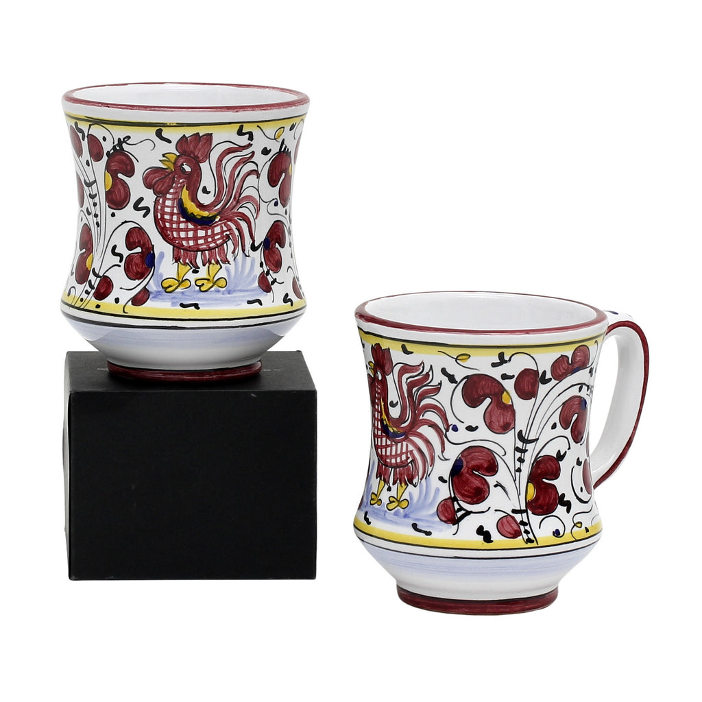 GIFT BOX: With two Deruta Mugs - ORVIETO RED ROOSTER Concave Design - artisticaitalian.com