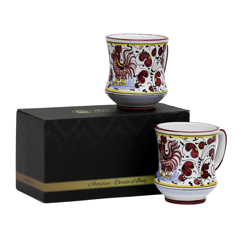 GIFT BOX: With two Deruta Mugs - ORVIETO RED ROOSTER Concave Design - artisticaitalian.com