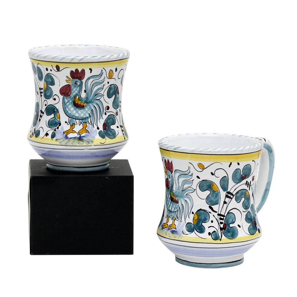 GIFT BOX: With two Deruta Mugs - ORVIETO GREEN ROOSTER Concave Design - artisticaitalian.com