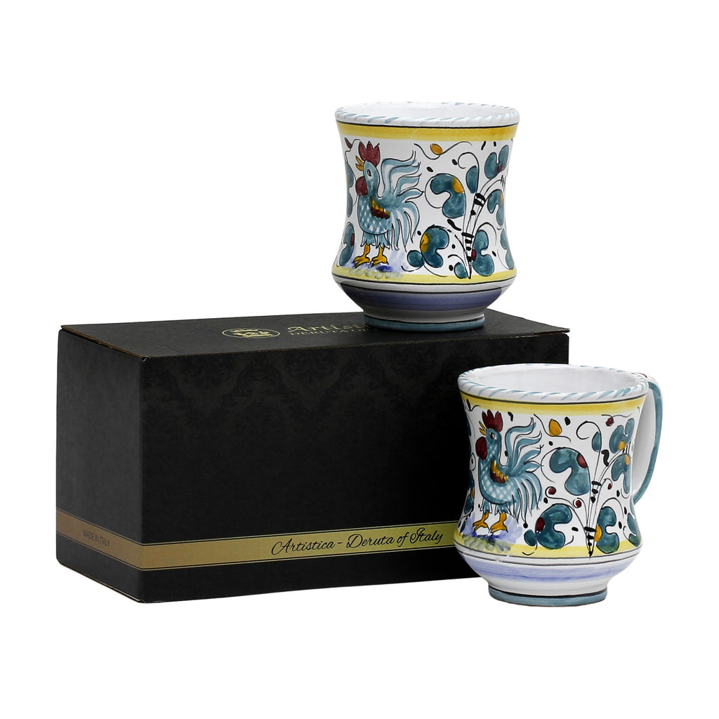 GIFT BOX: With two Deruta Mugs - ORVIETO GREEN ROOSTER Concave Design - artisticaitalian.com