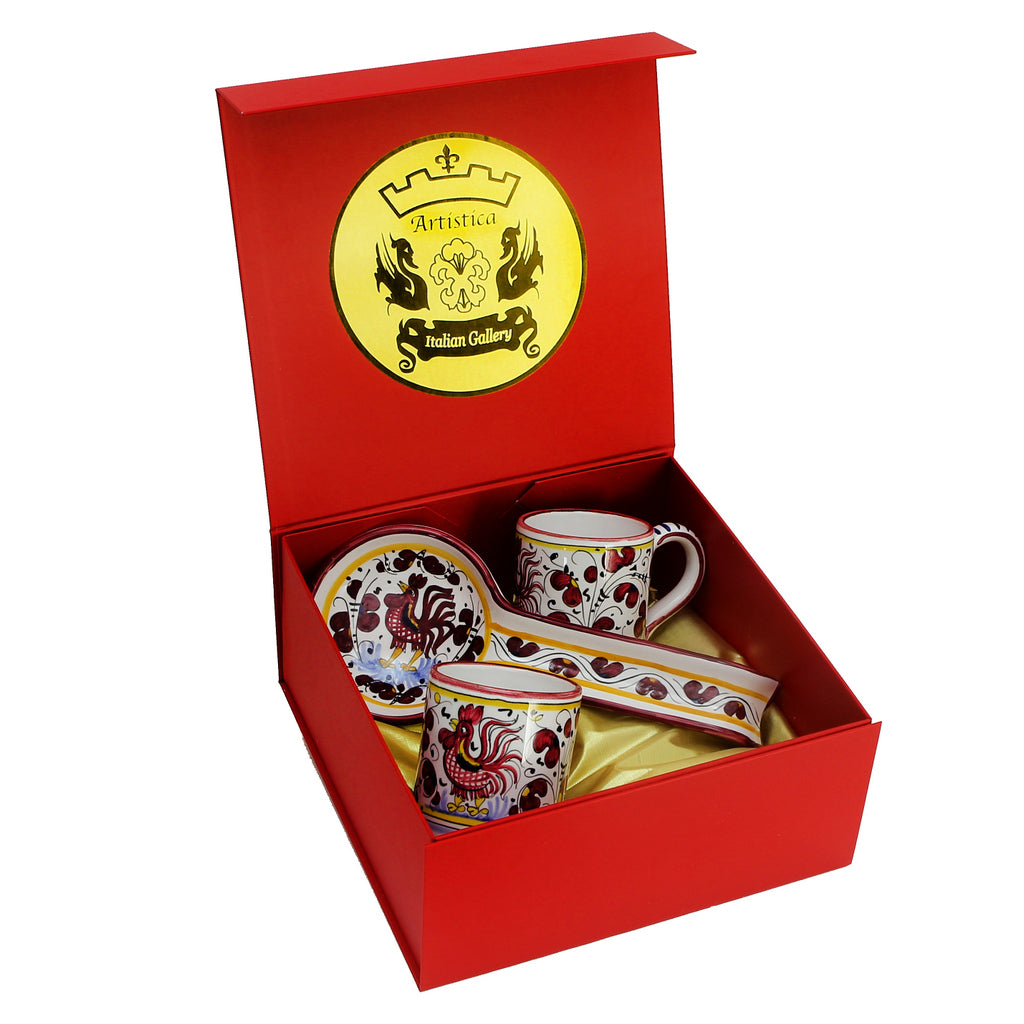 GIFT BOX: DeLuxe Glossy Red Gift Box with two Deruta Mugs and a Spoon Rest - artisticaitalian.com