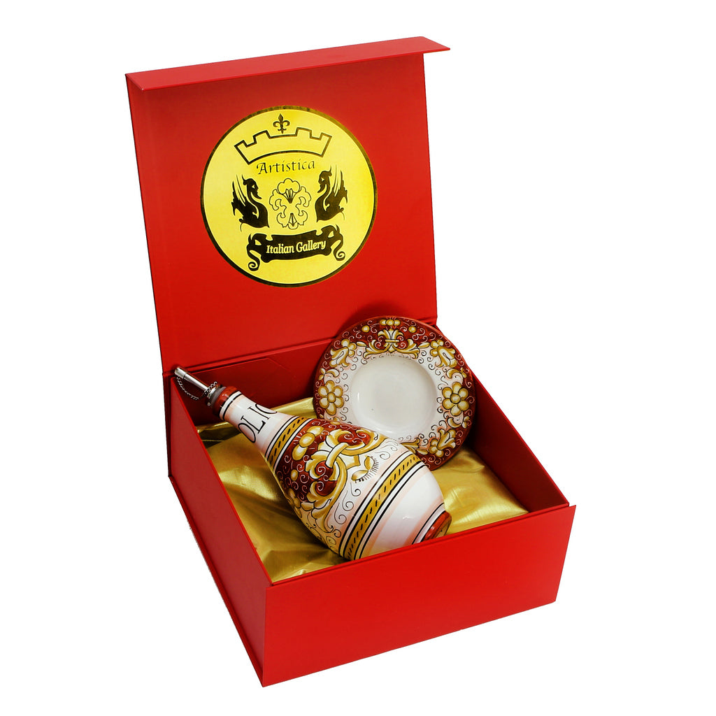 GIFT BOX: DeLuxe Glossy Red Gift Box with Olive Oil Bottle Dispenser and Saucer/Dipping Bowl - artisticaitalian.com