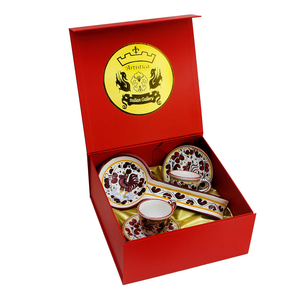 GIFT BOX: DeLuxe Glossy Red Gift Box with two Deruta Espresso Cup and Saucer and a Spoon Rest - artisticaitalian.com