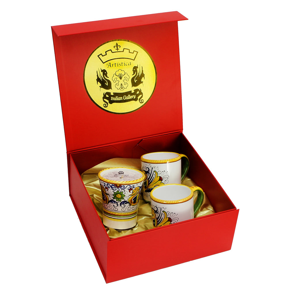 GIFT BOX: DeLuxe Glossy Red Gift Box with Two Mugs and One Deruta Raffaellesco Candle - artisticaitalian.com