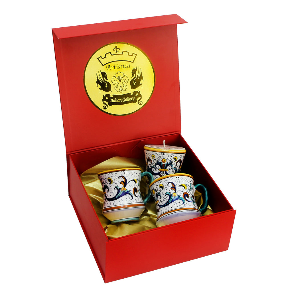 GIFT BOX: DeLuxe Glossy Red Gift Box with Two Mugs and One Ricco Deruta Candle - artisticaitalian.com