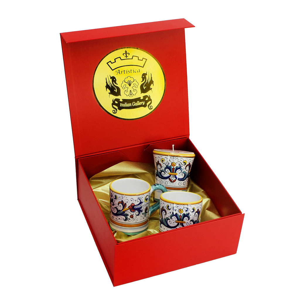 GIFT BOX: DeLuxe Glossy Red Gift Box with Two Mugs and One Ricco Deruta Candle - artisticaitalian.com