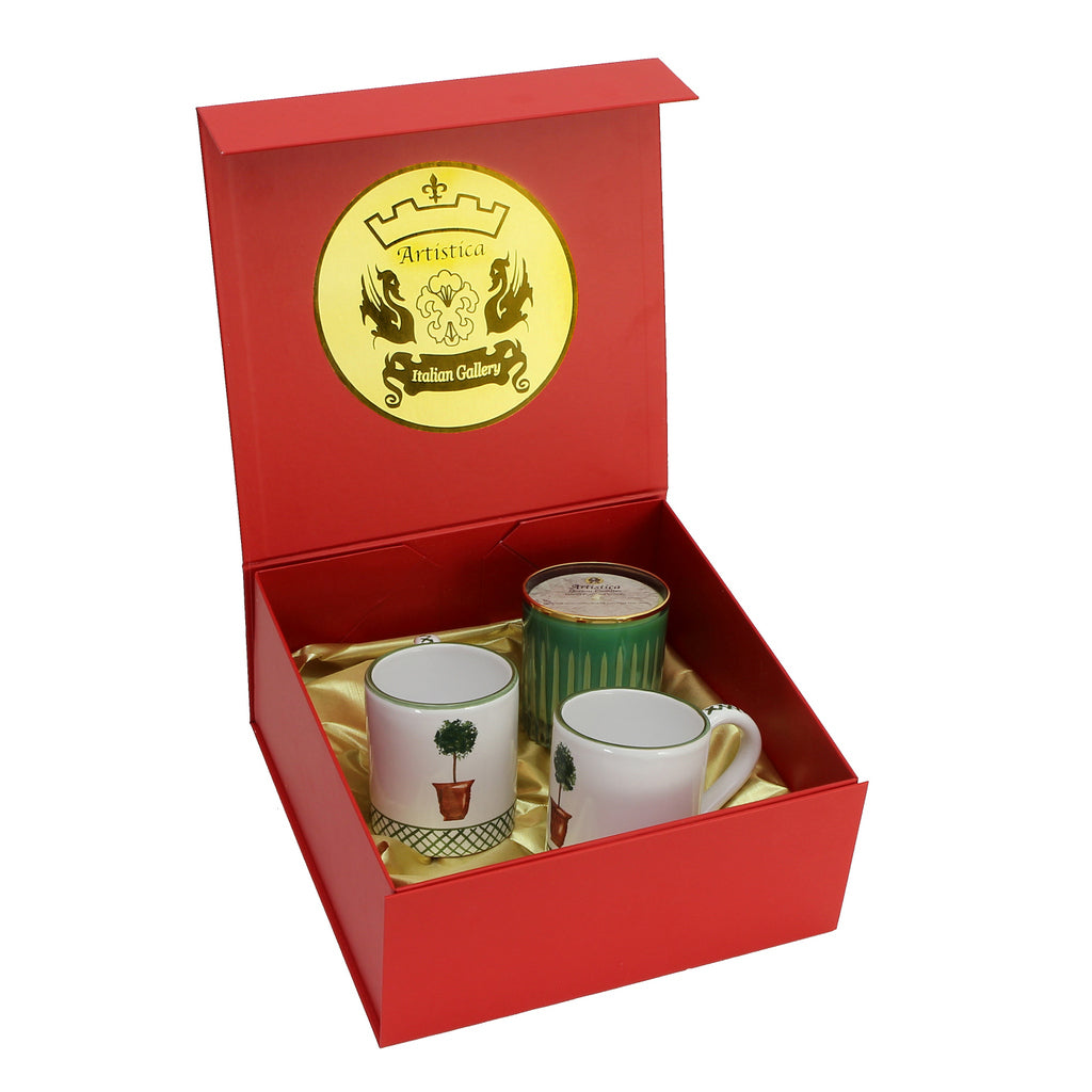 GIFT BOX: DeLuxe Glossy Red Gift Box with Two Deruta Giardino Mugs and One Crystal Candle Blue Spruce scent - artisticaitalian.com