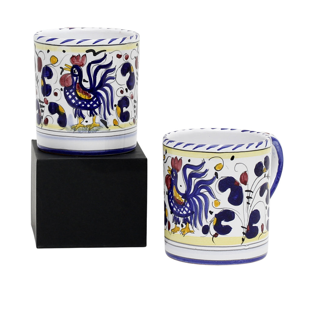 GIFT BOX: With two Deruta Mugs - ORVIETO BLUE ROOSTER Design - artisticaitalian.com