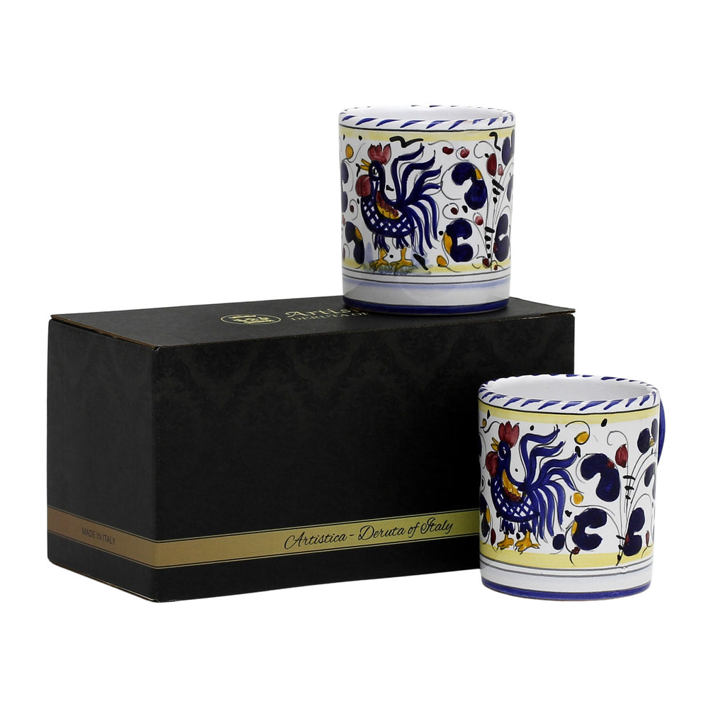 GIFT BOX: With two Deruta Mugs - ORVIETO BLUE ROOSTER Design - artisticaitalian.com