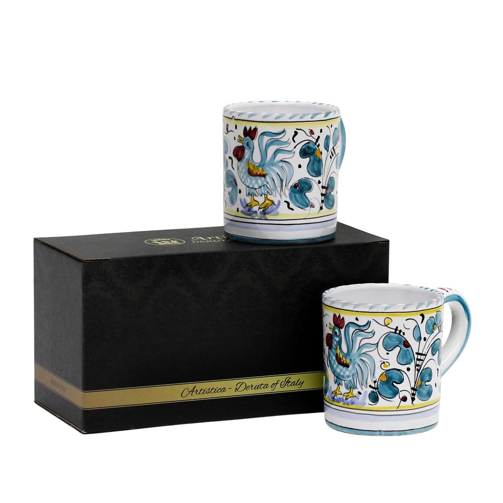 GIFT BOX: With two Deruta Mugs - ORVIETO GREEN ROOSTER Design - artisticaitalian.com