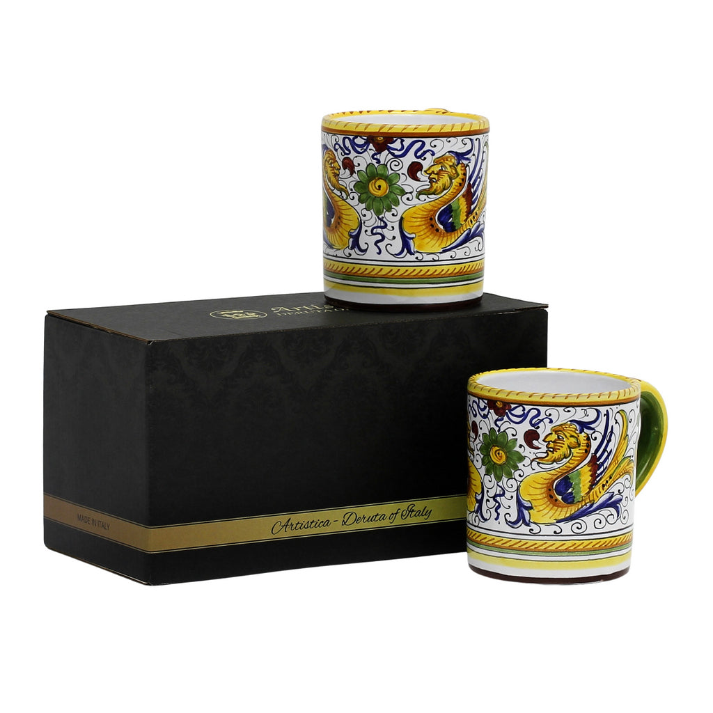 GIFT BOX: With two Deruta Mugs - RAFFAELLESCO DELUXE Design - artisticaitalian.com