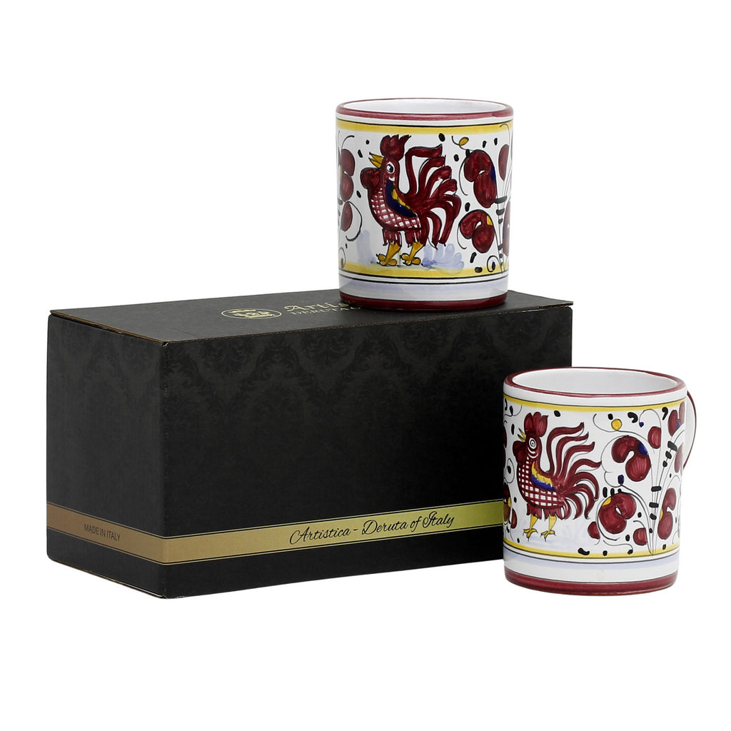 GIFT BOX: With two Deruta Mugs - ORVIETO RED ROOSTER Design - artisticaitalian.com