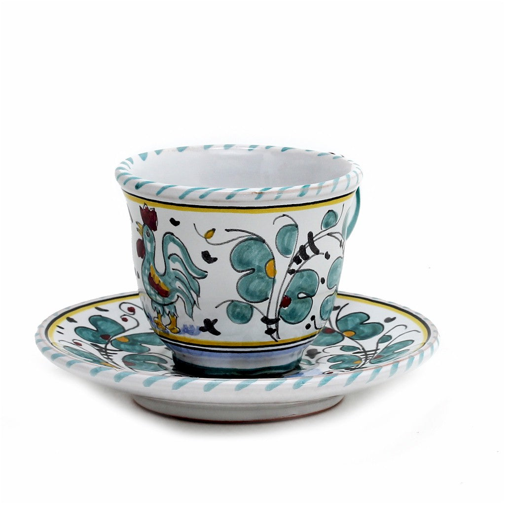 ORVIETO GREEN ROOSTER: Espresso cup and Saucer - artisticaitalian.com