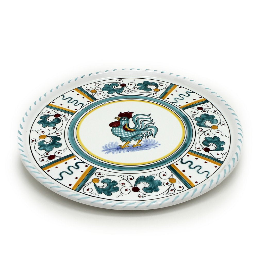 ORVIETO GREEN ROOSTER: Deruta Pizza Plate - Cake or Cheese Platter. - artisticaitalian.com