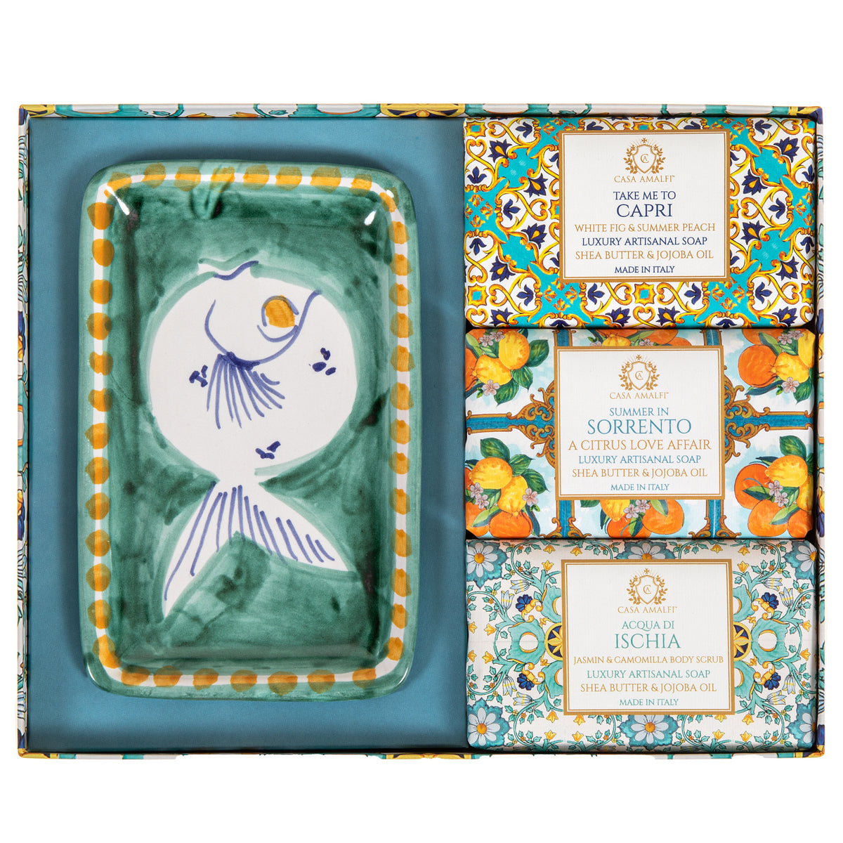 CASA AMALFI SOAPS: Scented Soap Bars with ceramic soap dish - Green Majolica Set - artisticaitalian.com