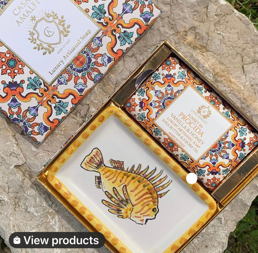 CASA AMALFI SOAPS: Scented Soap Bar with ceramic soap dish - Sunset in Procida Set - artisticaitalian.com