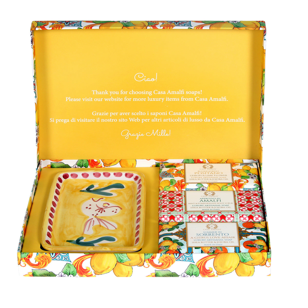 CASA AMALFI SOAPS: Scented Soap Bars with ceramic soap dish - Lemon Majolica Set - artisticaitalian.com