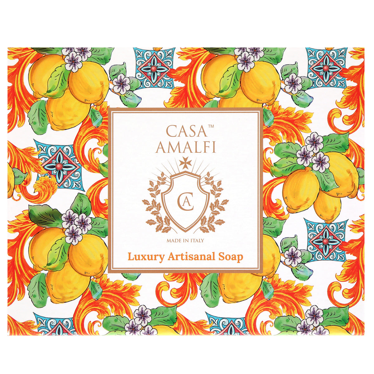 CASA AMALFI SOAPS: Scented Soap Bars with ceramic soap dish - Lemon Majolica Set - artisticaitalian.com