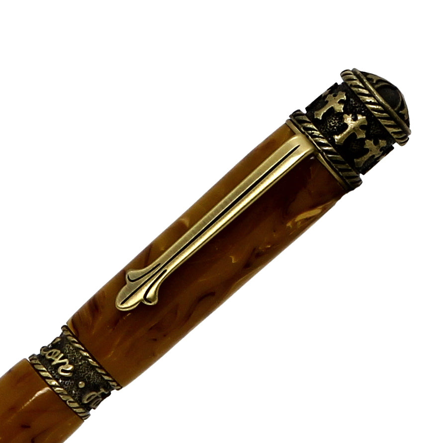 ART-PEN: Handcrafted Luxury Twist Pen - Faith Hope Love - Antique Pewter with Marble Acrylic Spicy Mustard Composite body - artisticaitalian.com