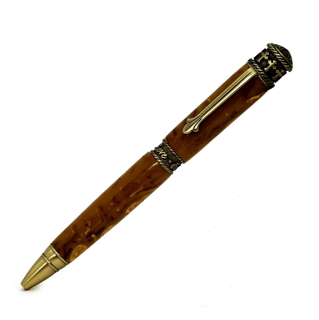 ART-PEN: Handcrafted Luxury Twist Pen - Faith Hope Love - Antique Pewter with Marble Acrylic Spicy Mustard Composite body - artisticaitalian.com