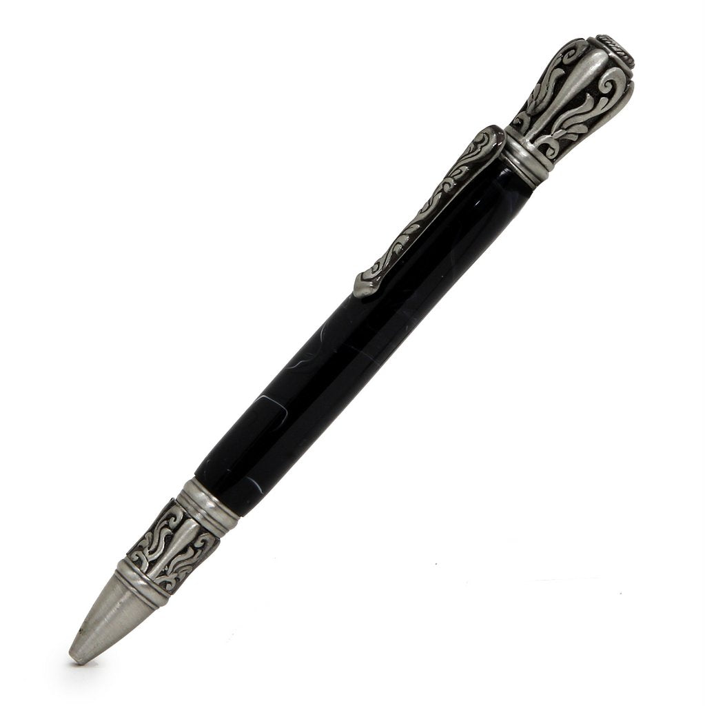 ART-PEN: Handcrafted Luxury Twist Pen - Deruta Perugino - Ant. Pewter with Marble Galaxy Black body. - artisticaitalian.com