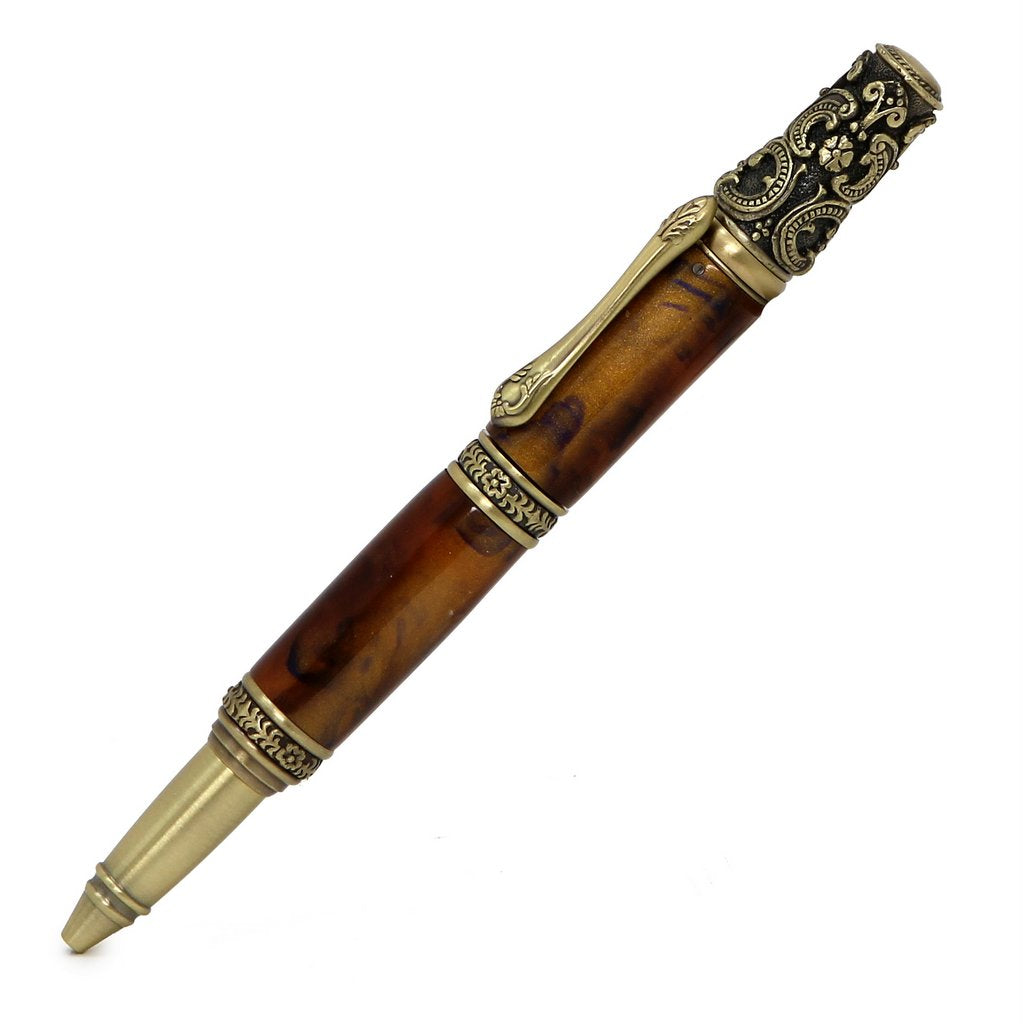 ART-PEN: Handcrafted Luxury Twist Pen - Ricco Deruta Design - Antique Brass with Marble Antique Amber Acrylic body - artisticaitalian.com