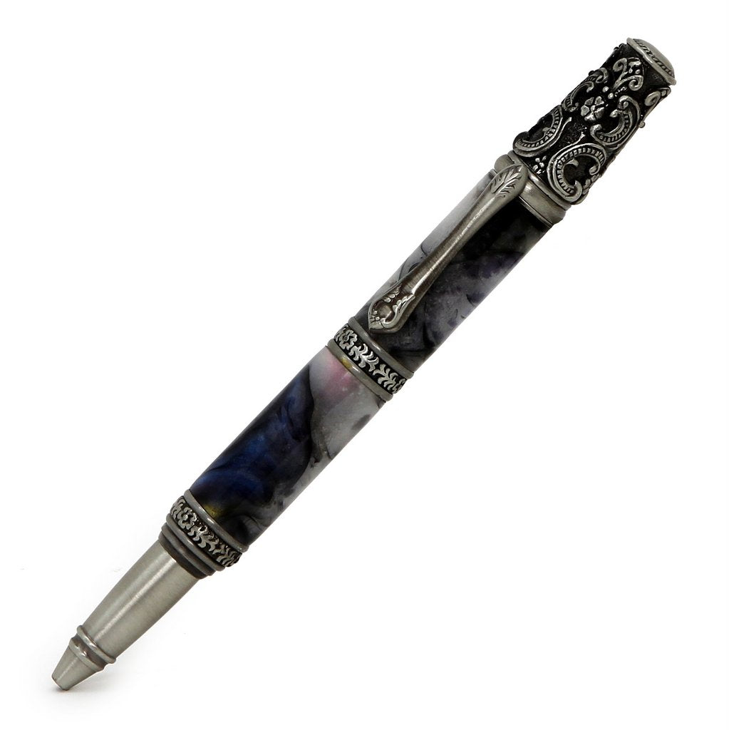 ART-PEN: Handcrafted Luxury Twist Pen - Ricco Deruta Design - Antique Pewter with Marble White/Blk Swirl Acrylic body - artisticaitalian.com